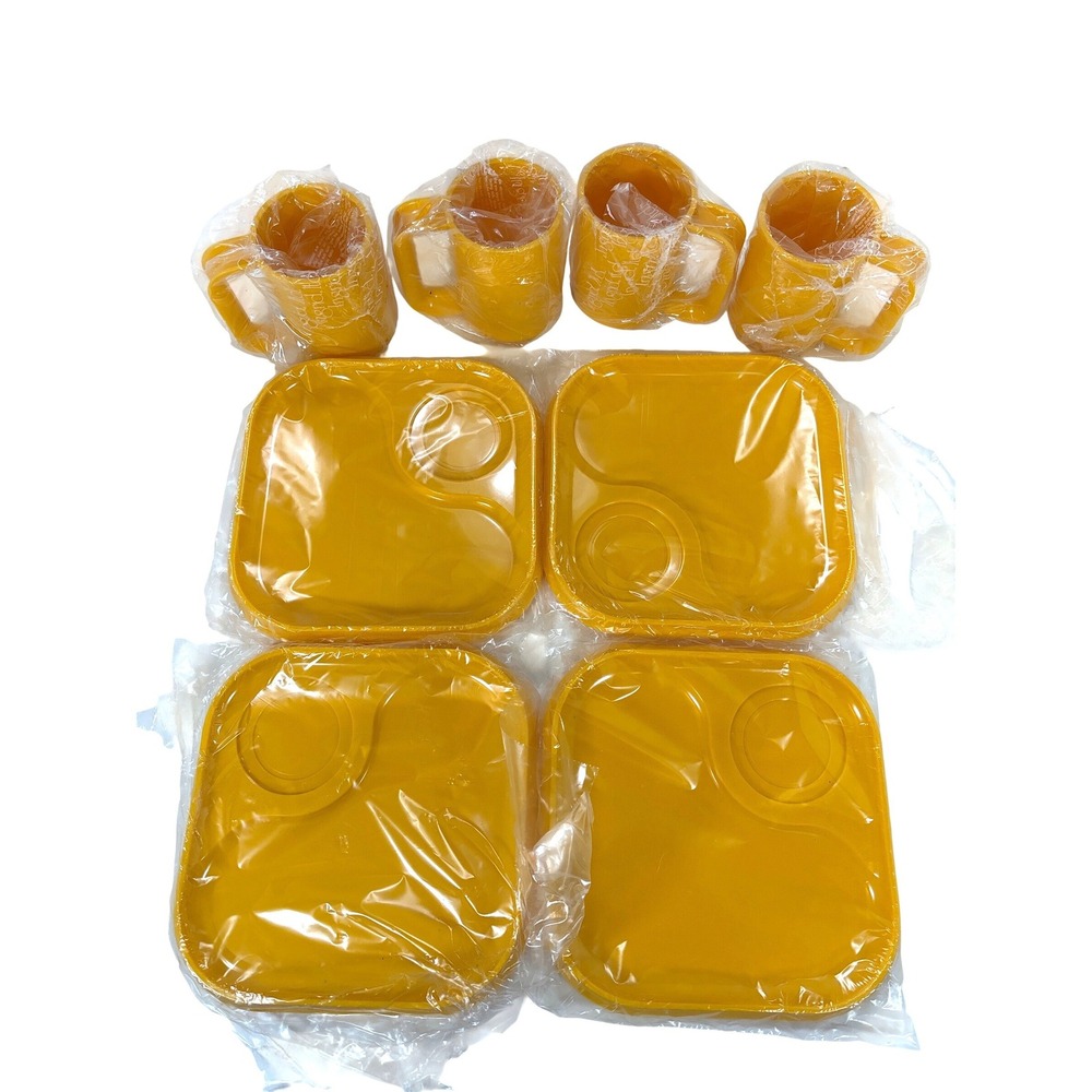 Vintage Ingrid Ltd Yellow Melamine Space Age Snax Picnic Set 8 Trays Mugs NOS